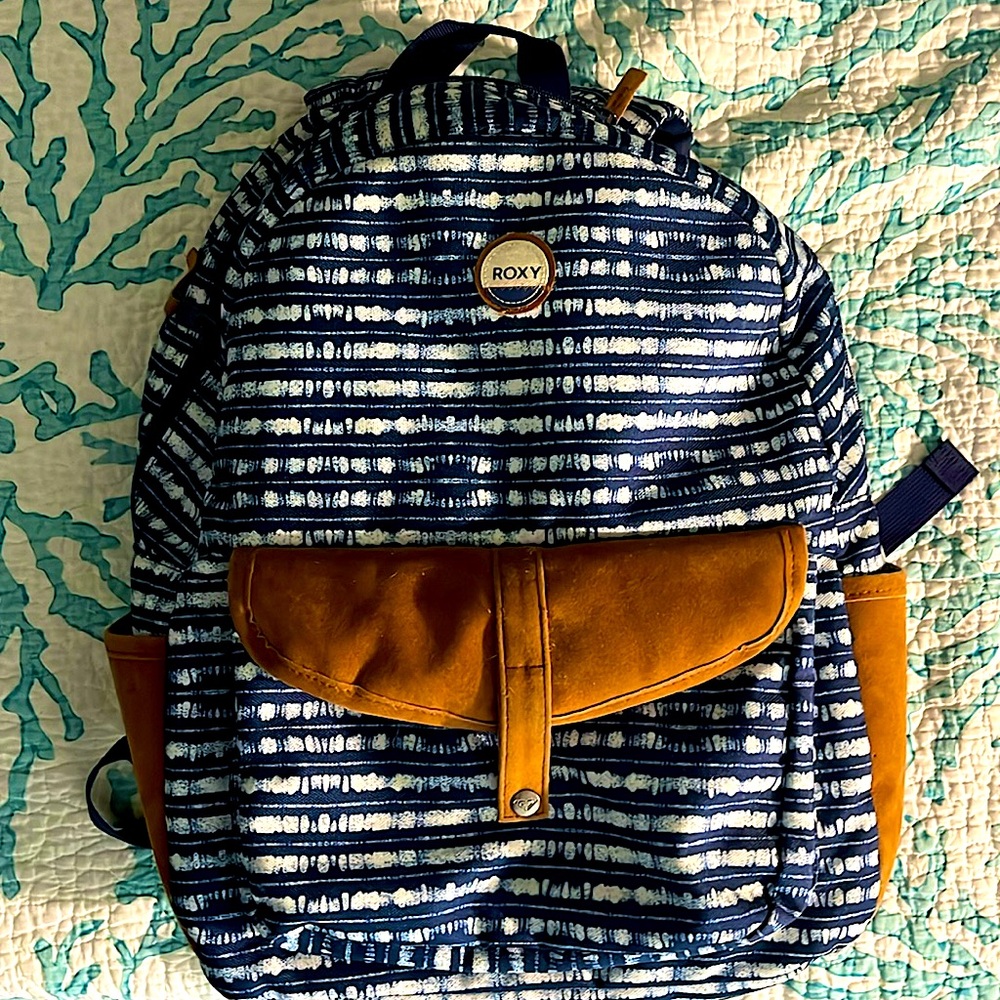 Roxy brand tiedye backpack-blue & white- 2 leather cup holders &front pocket.